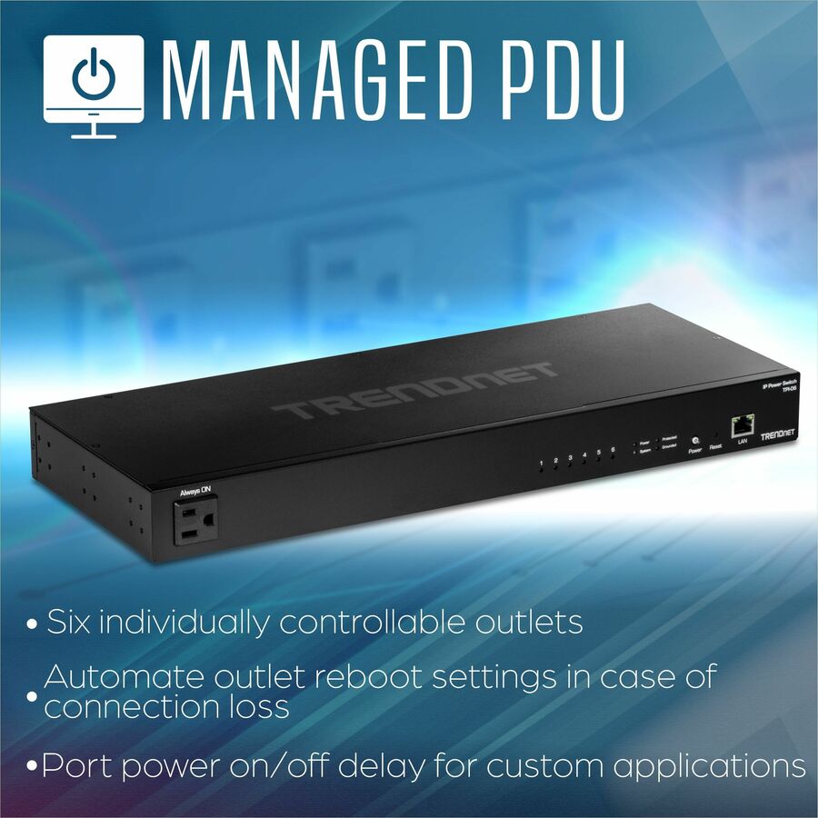 TRENDnet 6-Outlet Managed PDU, Rackmount Power Distribution Unit, 1 x NEMA 5-15R Bypass Power Outlet, 1 x Gigabit RJ-45 Port, Overload Protection, Surge Protection 2160J, Black, TPI-06 TPI-06