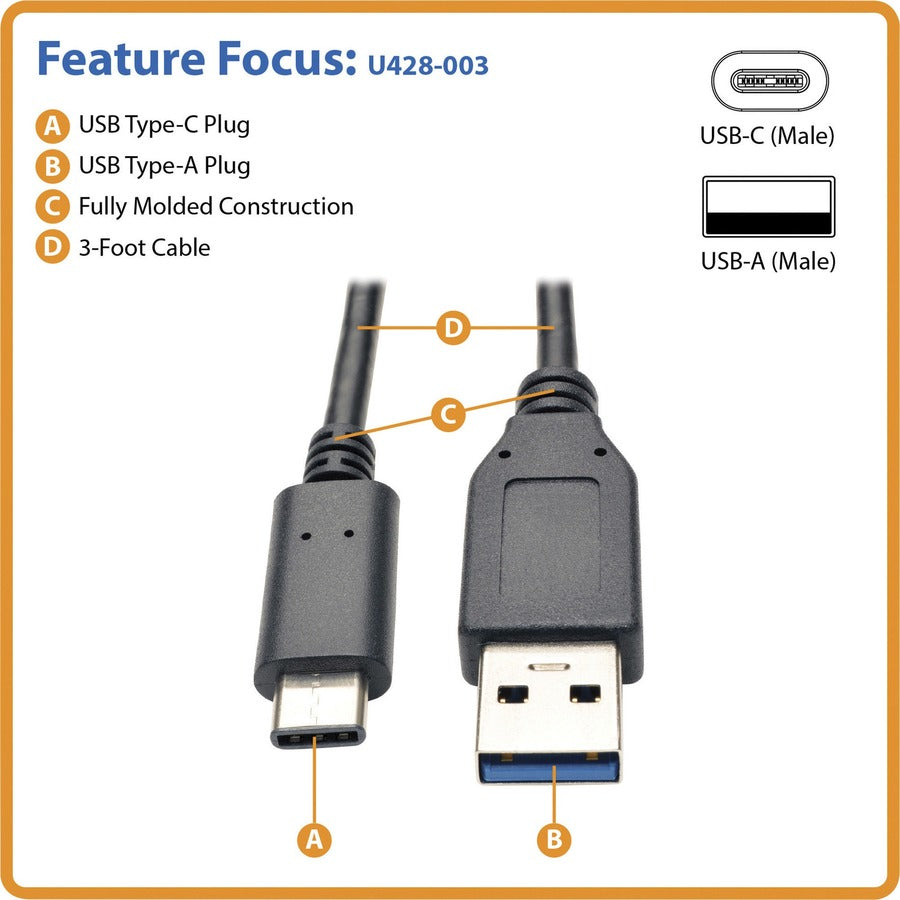Eaton Tripp Lite Series USB-C to USB-A Cable (M/M), USB 3.2 Gen 1 (5 Gbps), Thunderbolt 3 Compatible, 3 ft. (0.91 m) U428-003