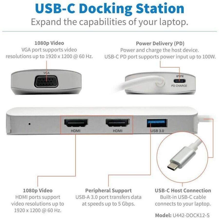 Eaton Tripp Lite Series USB-C Dock, Triple Display - HDMI, VGA, USB 3.x (5Gbps), USB-A Hub, 60W PD Charging U442-DOCK12-S