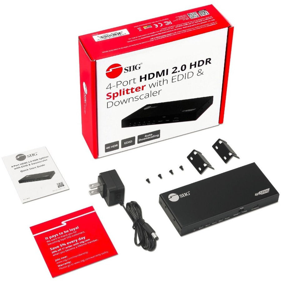 SIIG 4 Port HDMI 2.0 4K 60Hz HDR Splitter with EDID and Downscaling Feature CE-H26C11-S1