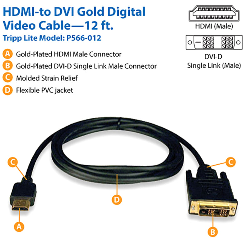 Eaton Tripp Lite Series HDMI to DVI Adapter Cable (M/M), 12 ft. (3.7 m) P566-012