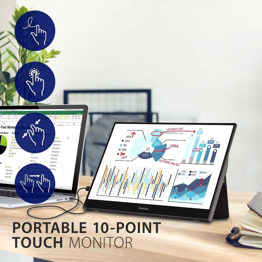 ViewSonic TD1655 15.6 Inch 1080p Portable Monitor with IPS Touchscreen, 2 Way Powered 60W USB C, Eye Care, Dual Speakers, Built-in Stand with Magnetic Cover TD1655