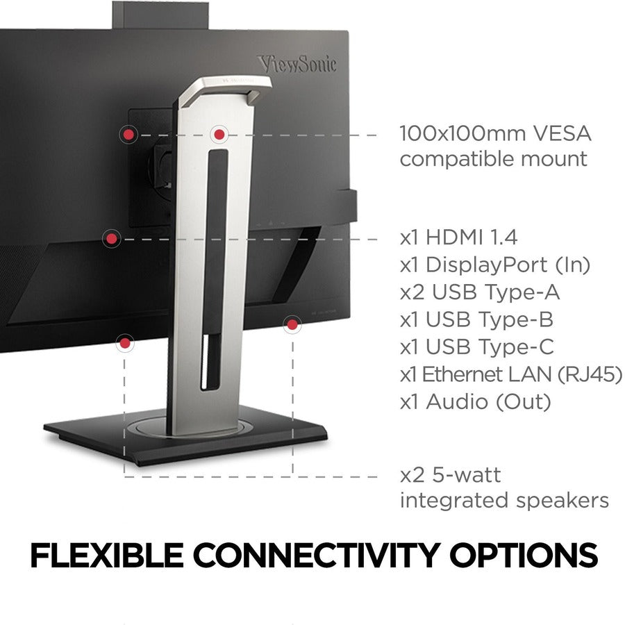 ViewSonic VG2456V 24 Inch 1080p Video Conference Monitor with Webcam, 2 Way Powered 90W USB C, Docking Built-In, Gigabit Ethernet RJ45, 40 Degree Tilt Ergonomics VG2456V