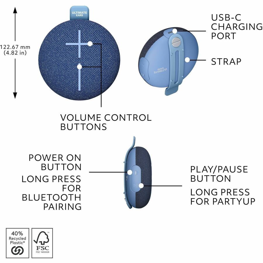 ULTIMATE EARS MINIROLL Ultra-Portable Waterproof Bluetooth Speaker, Big Bass, IP67 Dustproof, 131 ft (40 m) Range - Majestic Blue 984-002020