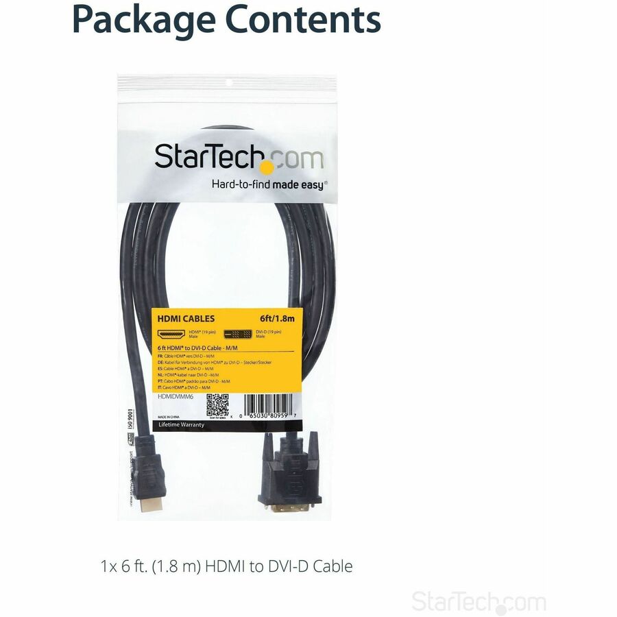 StarTech.com HDMI to DVI Cable - 6 ft / 2m - HDMI to DVI-D Cable - HDMI Monitor Cable - HDMI to DVI Adapter Cable HDMIDVIMM6