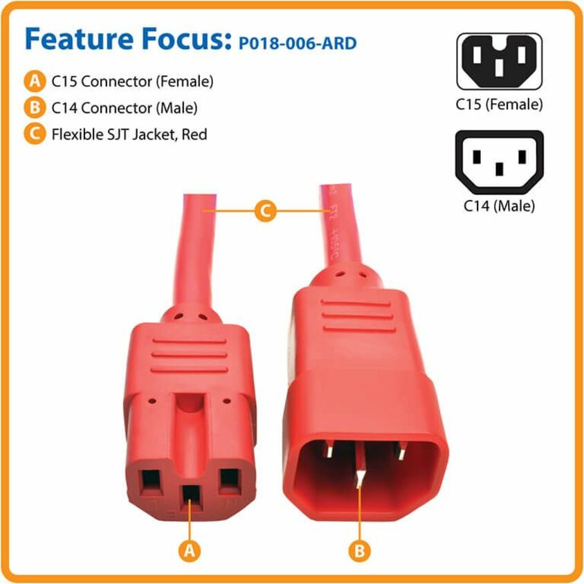 Eaton Tripp Lite Series Power Cord C14 to C15 - Heavy-Duty, 15A, 250V, 14 AWG, 6 ft. (1.83 m), Red P018-006-ARD