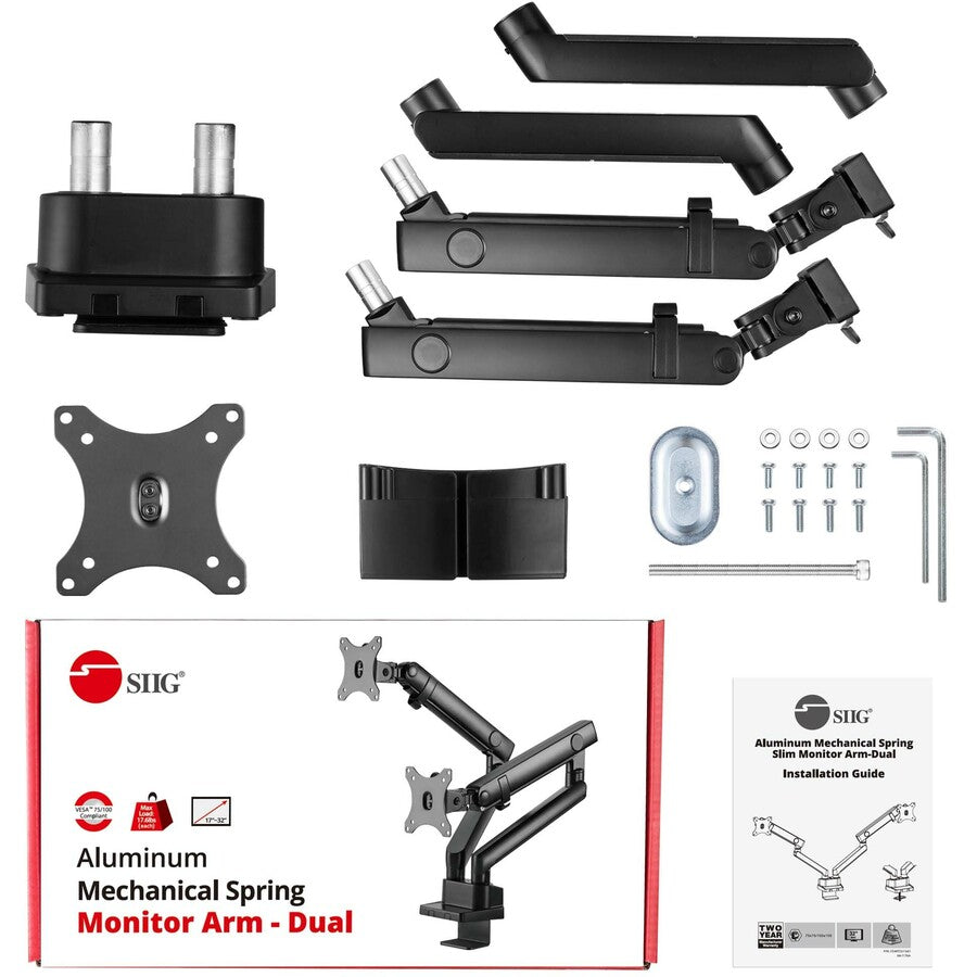 SIIG Aluminum Mechanical Spring Dual Monitor Mount - 17" to 32 - 17.6 lbs - Top Mounting CE-MT2U12-S1