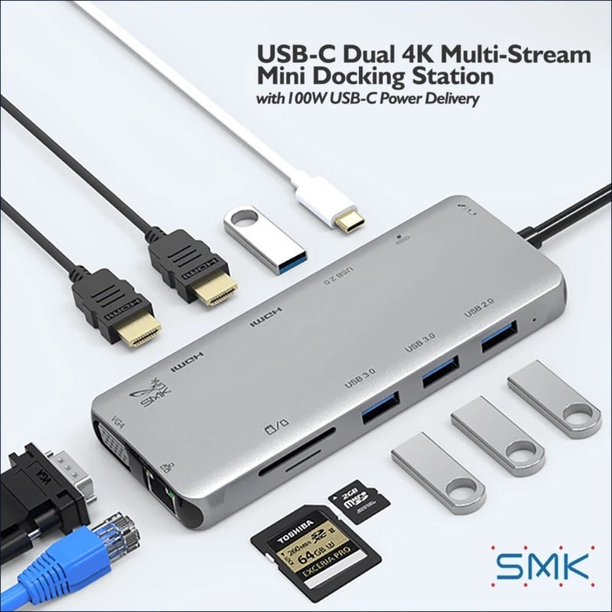 SMK-Link USB-C Dual 4K Multi-Stream Mini Docking Station for Apple MacBook Air - MacBook Pro - Dual 4k HDMI, VGA, 100W PD, 4 x USB-A - GbE VP6960