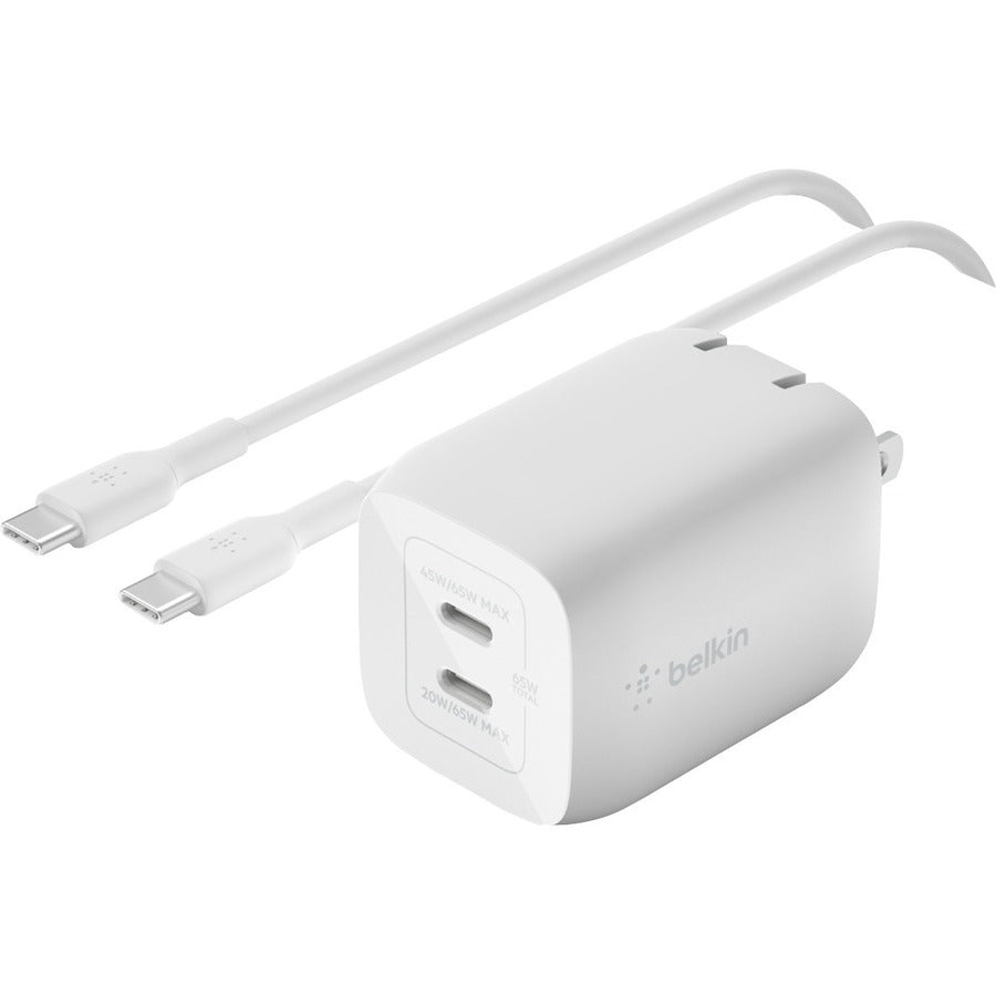 Belkin 65W Portable Dual Port GaN Wall Charger - 2xUSB-C (65W Total) - w/ USB-C to USB-C Cable - Fast Charging - Power Adapter - White WCH013DQ2MWH-B6
