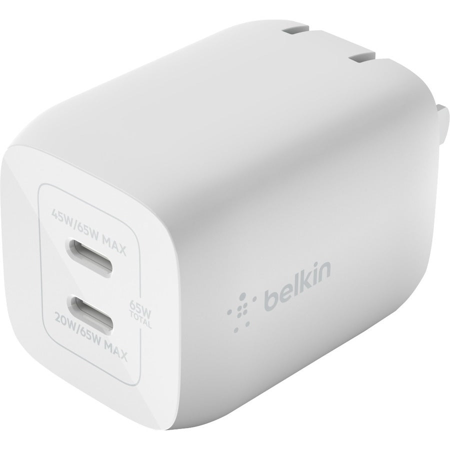 Belkin 65W Portable Dual Port GaN Wall Charger - 2xUSB-C (65W Total) - w/ USB-C to USB-C Cable - Fast Charging - Power Adapter - White WCH013DQ2MWH-B6