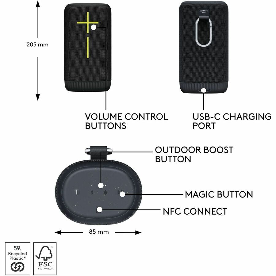 ULTIMATE EARS EVERBOOM Wireless Bluetooth Portable Speaker, Big Bass and Immersive 360-Degree Sound, Floatable Waterproof Speaker IP67, up to 20-Hour Battery and 180 ft (55 m) Range, Black 984-001872