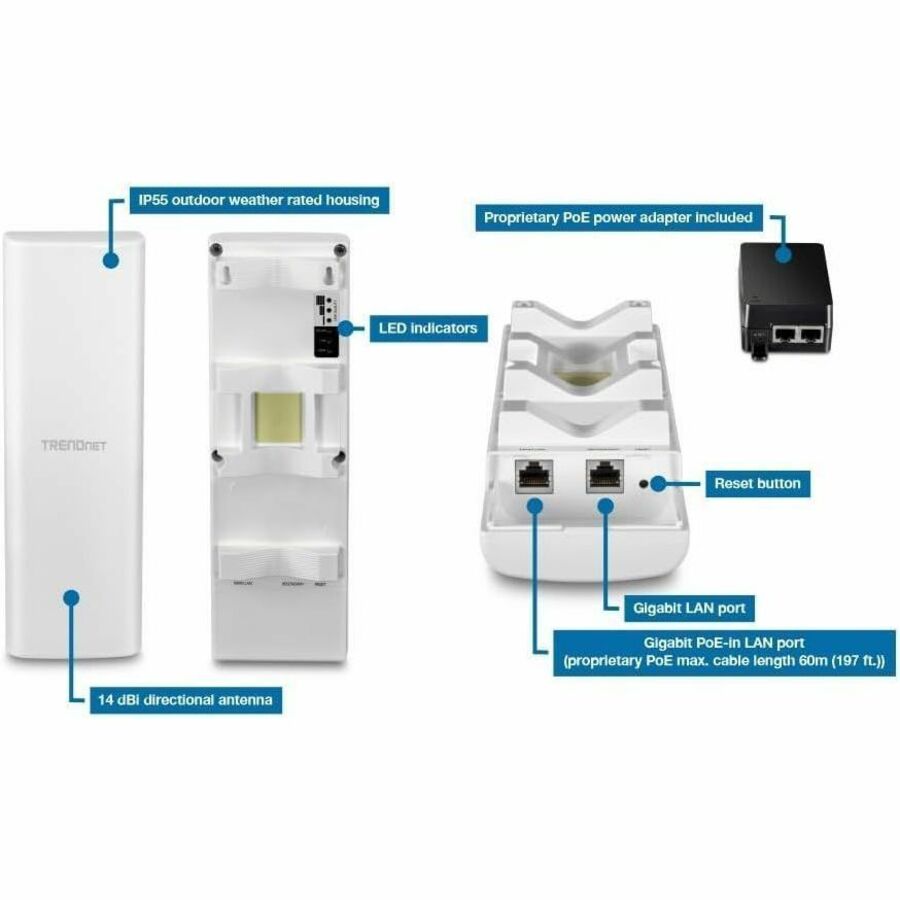 TRENDnet 14 dBi WiFi 6 AX1200 Outdoor Directional PoE Access Point, TEW-940APBO, 5GHz WiFi 6 Point-to-Point Bridge, 1 x Gigabit PoE (in) Port, and 1 x Gigabit Port, 14 dBi Directional Antenna, White TEW-940APBO