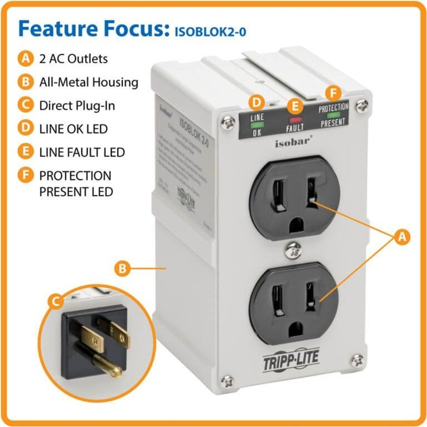 Tripp Lite by Eaton Isobar 2-Outlet Surge Protector, Direct Plug-In, 1410 Joules, Diagnostic LEDs, Metal Housing IBLOK2-0