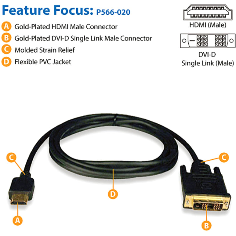 Eaton Tripp Lite Series HDMI to DVI Adapter Cable (M/M), 20 ft. (6.1 m) P566-020