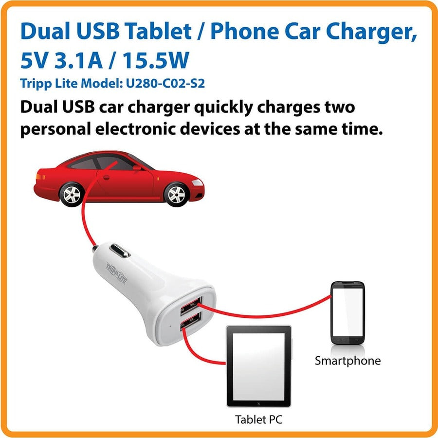 Tripp Lite by Eaton Dual-Port USB Car Charger for Tablets and Cell Phones, 5V 4.8A (24W) U280-C02-S2