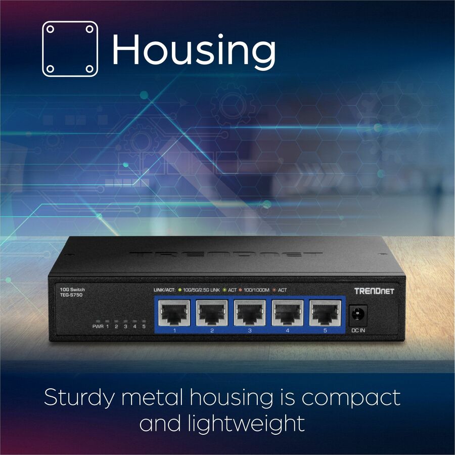 TRENDnet 5-Port 10G Switch, 5 x 10G RJ-45 Ports, 100Gbps Switching Capacity, Supports 2.5G and 5G-BASE-T Connections, Lifetime Protection, Black, TEG-S750 TEG-S750