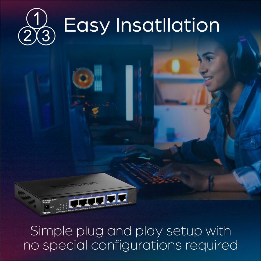TRENDnet 6-Port 10G Switch, 4 x 2.5G RJ-45 Base-T Ports, 2 x 10G RJ-45 Ports, 60Gbps Switching Capacity, Wall Mountable, 10 Gigabit Network Connections, Lifetime Protection, Black, TEG-S762 TEG-S762