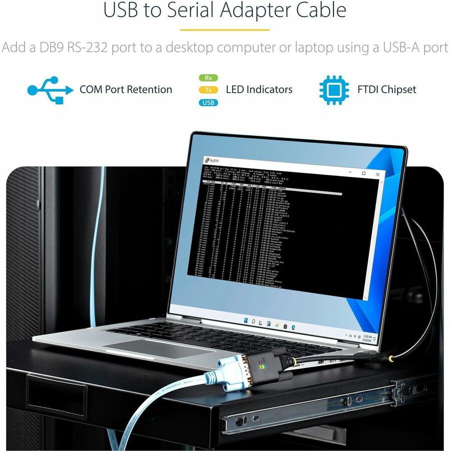 StarTech.com 10ft (3m) USB to Serial Adapter Cable, COM Retention, FTDI, DB9 RS232, Interchangeable DB9 Screws/Nuts, Windows/macOS/Linux 1P10FFC-USB-SERIAL
