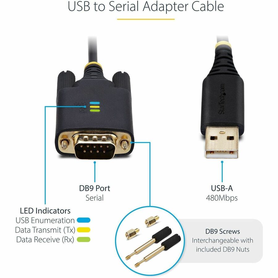 StarTech.com 10ft (3m) USB to Serial Adapter Cable, COM Retention, FTDI, DB9 RS232, Interchangeable DB9 Screws/Nuts, Windows/macOS/Linux 1P10FFC-USB-SERIAL