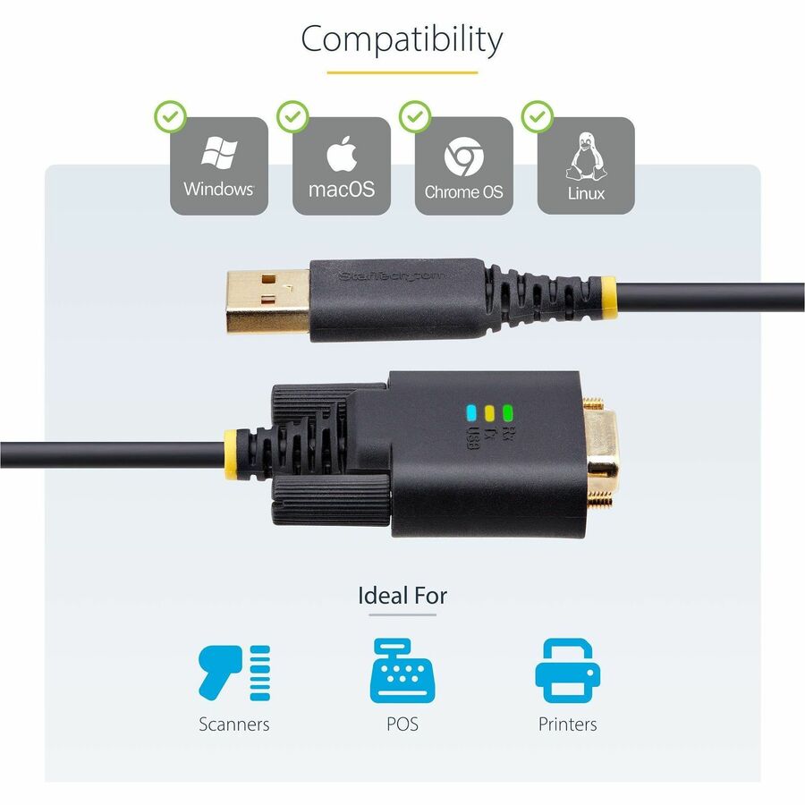StarTech.com 10ft (3m) USB to Serial Adapter Cable, COM Retention, FTDI, DB9 RS232, Interchangeable DB9 Screws/Nuts, Windows/macOS/Linux 1P10FFC-USB-SERIAL