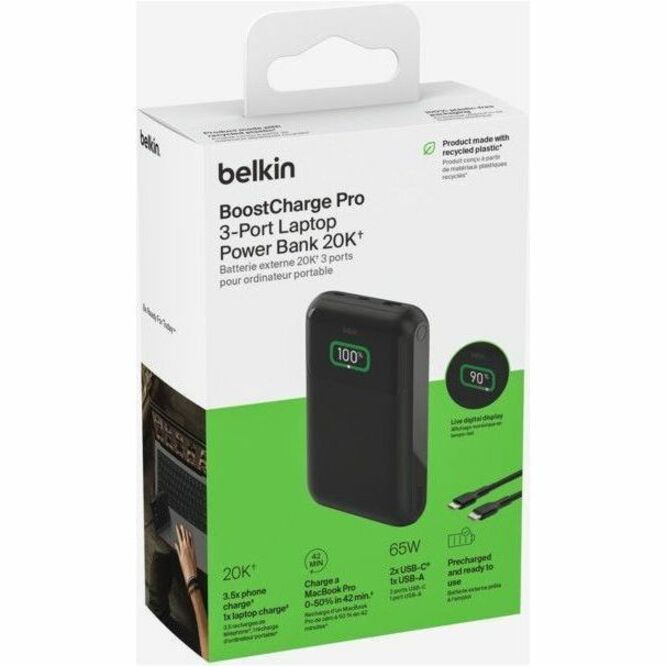 Belkin 65W 3-port USB Power Bank w/ Digital Display - 20K mAh - 2xUSB-C, 1xUSB-A - Portable Charger - w/ USB-C to USB-C Cable - Black BPB020btBK