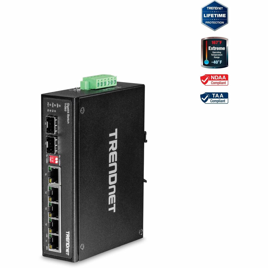 TRENDnet 6-Port Hardened Industrial Gigabit DIN-Rail Switch, 12 Gbps Switching Capacity, IP30 Rated Metal Housing -40 to 75 �C (-40 to 167 �F),DIN-Rail & Wall Mounts Included, Lifetime Protection, Black, TI-G62 TI-G62