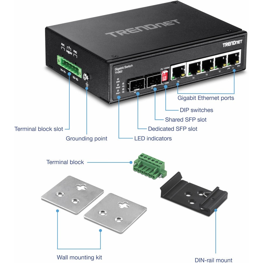 TRENDnet 6-Port Hardened Industrial Gigabit DIN-Rail Switch, 12 Gbps Switching Capacity, IP30 Rated Metal Housing -40 to 75 �C (-40 to 167 �F),DIN-Rail & Wall Mounts Included, Lifetime Protection, Black, TI-G62 TI-G62
