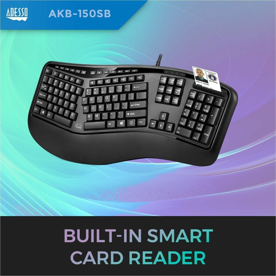 Adesso Desktop Ergonomic Smart Card Reader Keyboard (TAA Compliant) AKB-150SB-TAA
