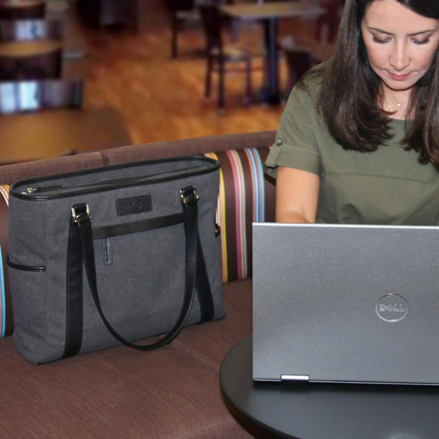 Urban Laptop Tote - Charcoal w/Brown Trim. METMS52