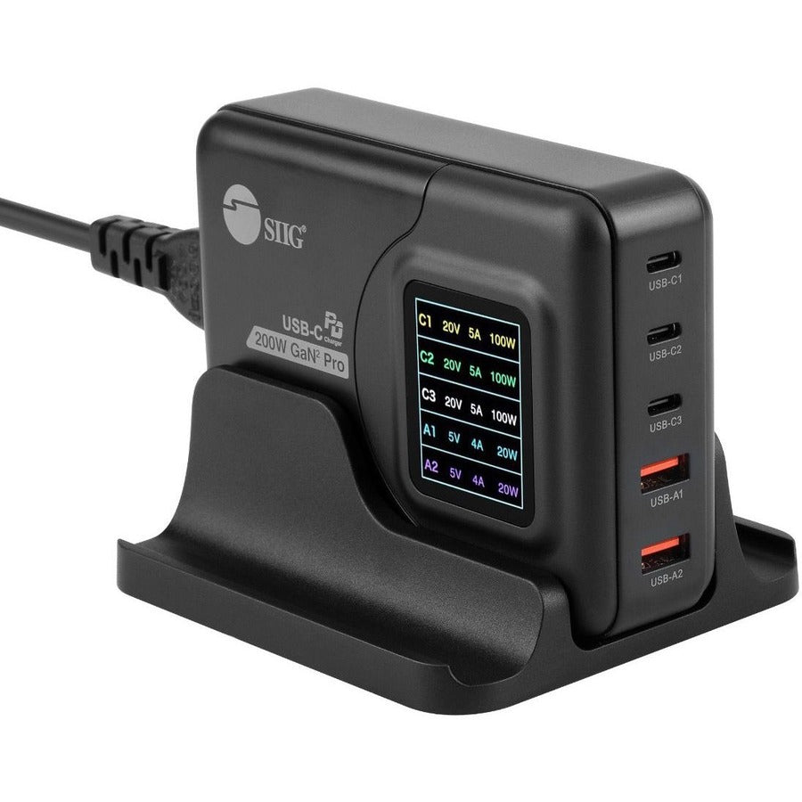 SIIG 200W GaN PD Charger with Charging Display- 3C2A AC-PW1Y11-S1