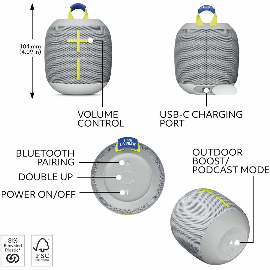 Ultimate Ears WONDERBOOM 4 Portable Waterproof Bluetooth Speaker With Big Bass and 360-Degree Sound, Dustproof Floating Speaker With 131ft (40m) Range, Gray 984-001879