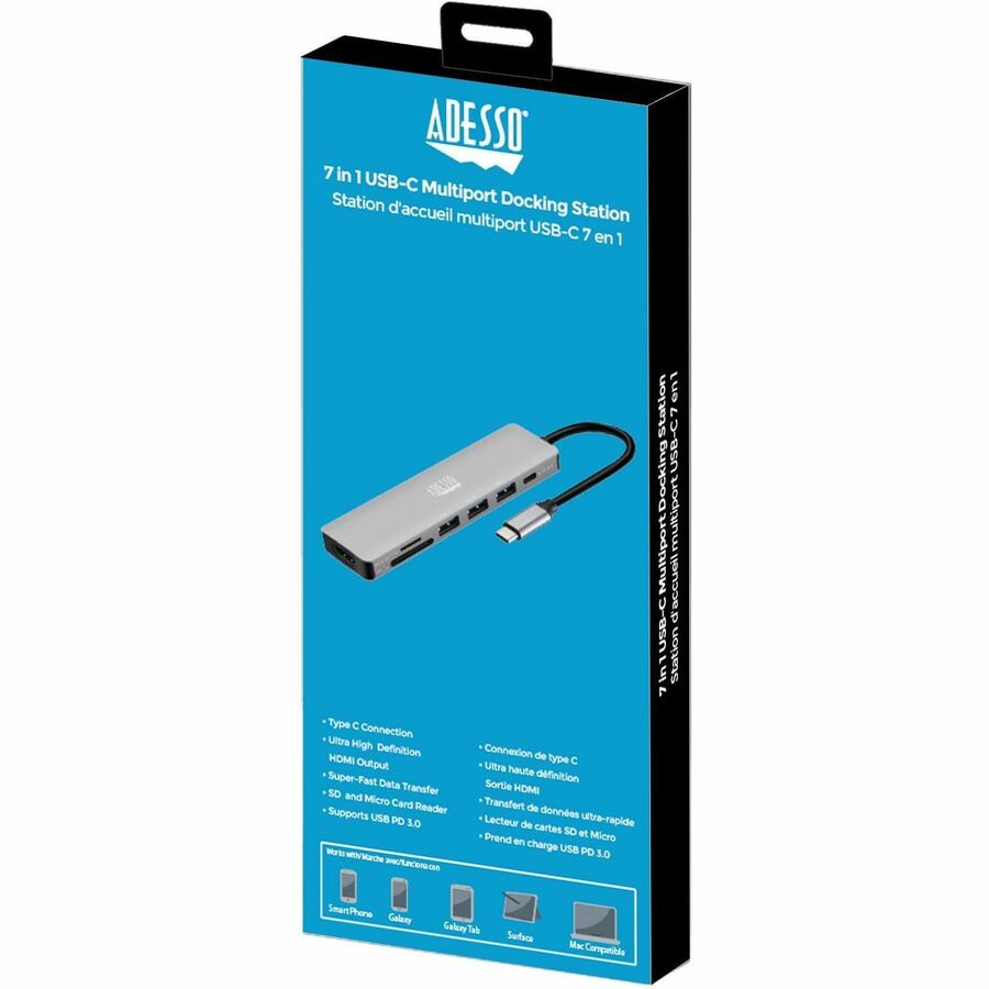 Adesso AUH-4025 7 in 1 Docking Station, Supports USB C to x1 4K HDMI, 3x USB-A 3.2, 1x PD, 1x Micro SD, 1x SD Card AUH-4025