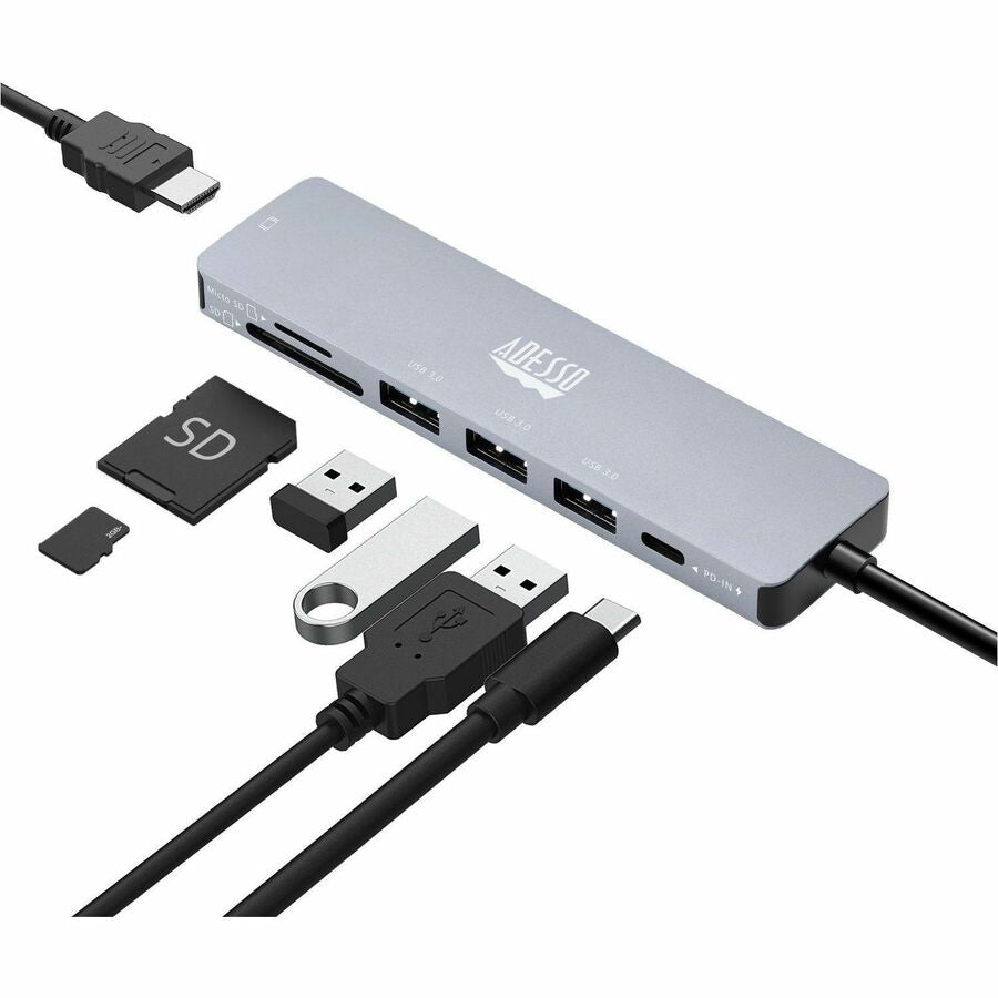 Adesso AUH-4025 7 in 1 Docking Station, Supports USB C to x1 4K HDMI, 3x USB-A 3.2, 1x PD, 1x Micro SD, 1x SD Card AUH-4025