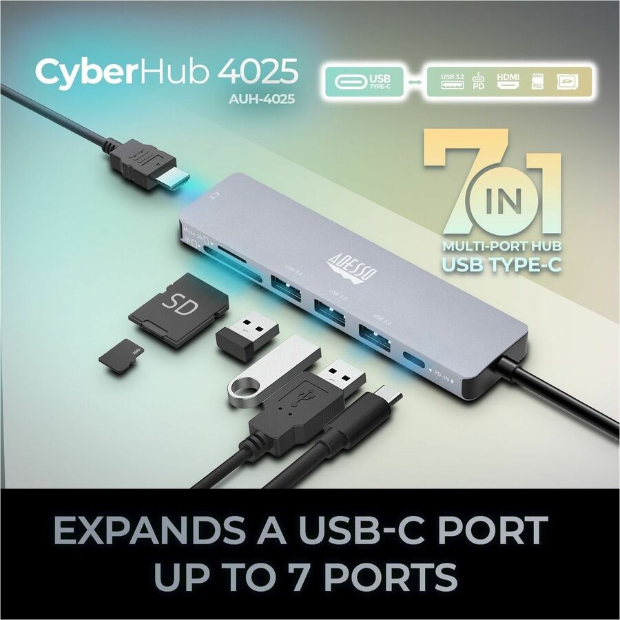 Adesso AUH-4025 7 in 1 Docking Station, Supports USB C to x1 4K HDMI, 3x USB-A 3.2, 1x PD, 1x Micro SD, 1x SD Card AUH-4025