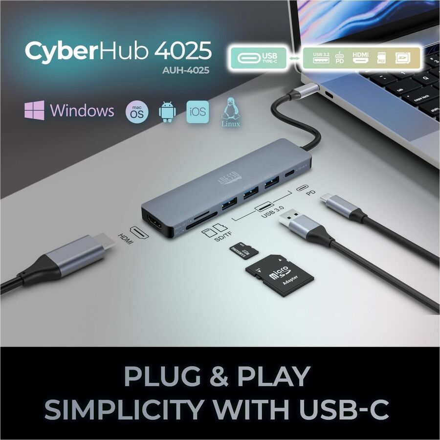 Adesso AUH-4025 7 in 1 Docking Station, Supports USB C to x1 4K HDMI, 3x USB-A 3.2, 1x PD, 1x Micro SD, 1x SD Card AUH-4025