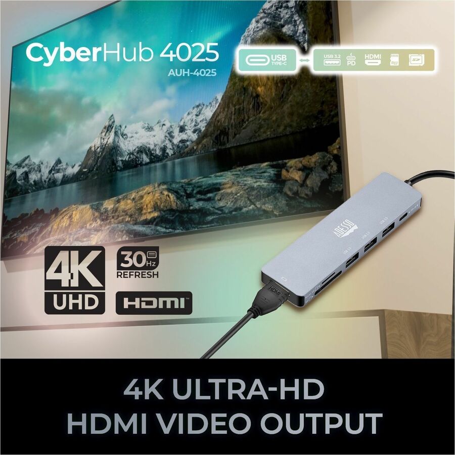 Adesso AUH-4025 7 in 1 Docking Station, Supports USB C to x1 4K HDMI, 3x USB-A 3.2, 1x PD, 1x Micro SD, 1x SD Card AUH-4025