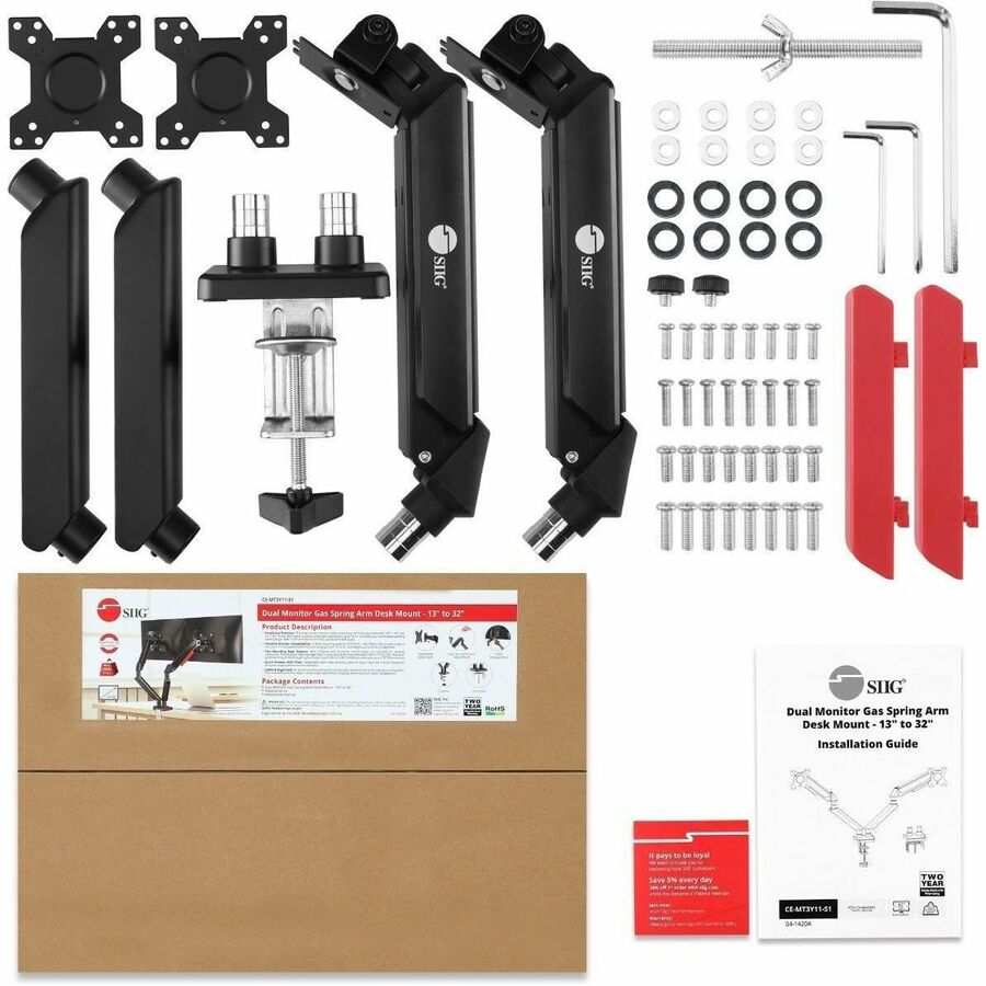 SIIG Dual Monitor Gas Spring Arm Desk Mount - 13" to 32" - Max Load 22 lbs - VESA 75/100mm CE-MT3Y11-S1