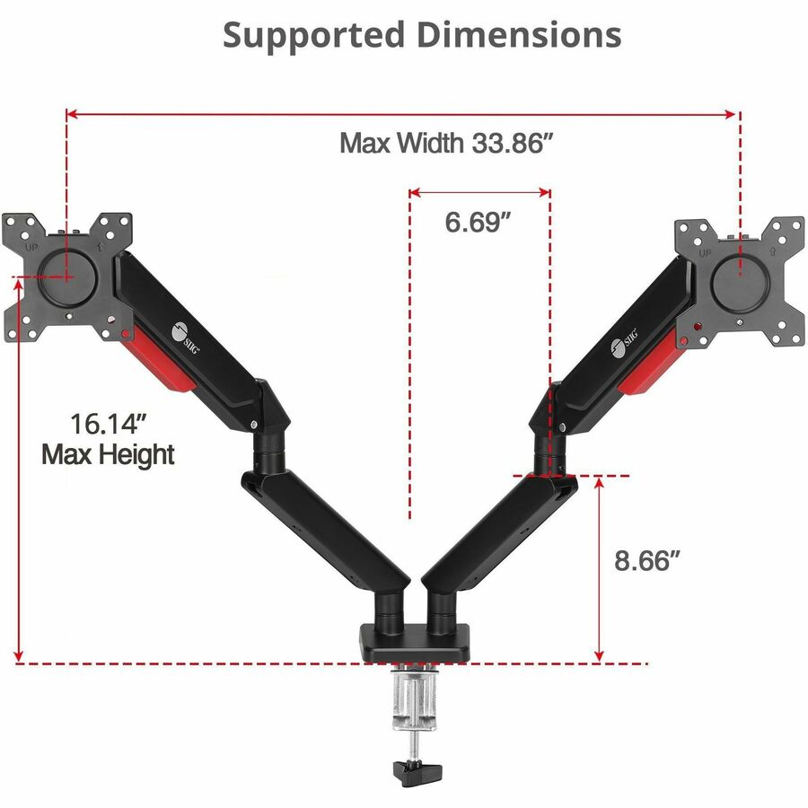 SIIG Dual Monitor Gas Spring Arm Desk Mount - 13" to 32" - Max Load 22 lbs - VESA 75/100mm CE-MT3Y11-S1