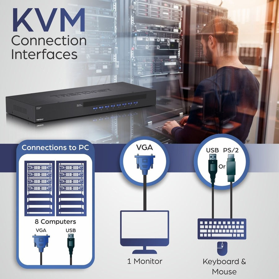 TRENDnet 8-Port USB/PS2 Rack Mount KVM Switch, TK-803R, VGA & USB Connection, Supports USB & PS/2 Connections, Device Monitoring, Auto Scan, Audible Feedback, Control up to 8 Computers/Servers TK-803R