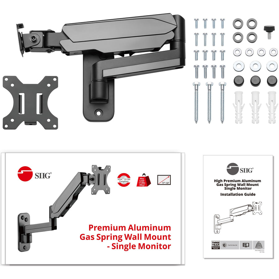 High Premium Aluminum Gas Spring Wall Mount - Single Monitor 17" to 34" - weight up to 19.8 lbs CE-MT2L12-S1