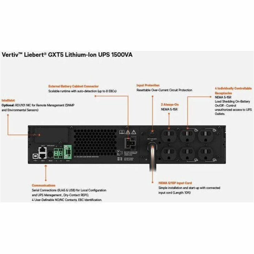 Vertiv Liebert GXT5 Lithium-Ion Online UPS 1500VA/1350W 120V Tower/Rack UPS GXT5LI-1500LVRT2UXL