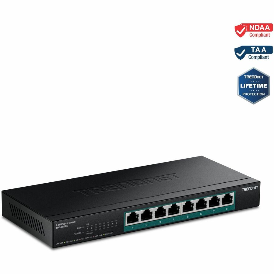 TRENDnet 8-Port 2.5G PoE++ Switch, TPE-BG380, 8 x 2.5GB PoE++ Ports, 230W Poe Power Budget, 40Gbps Switching Capacity, NDAA + TAA Compliant, Lifetime TRENDnet Protection TPE-BG380