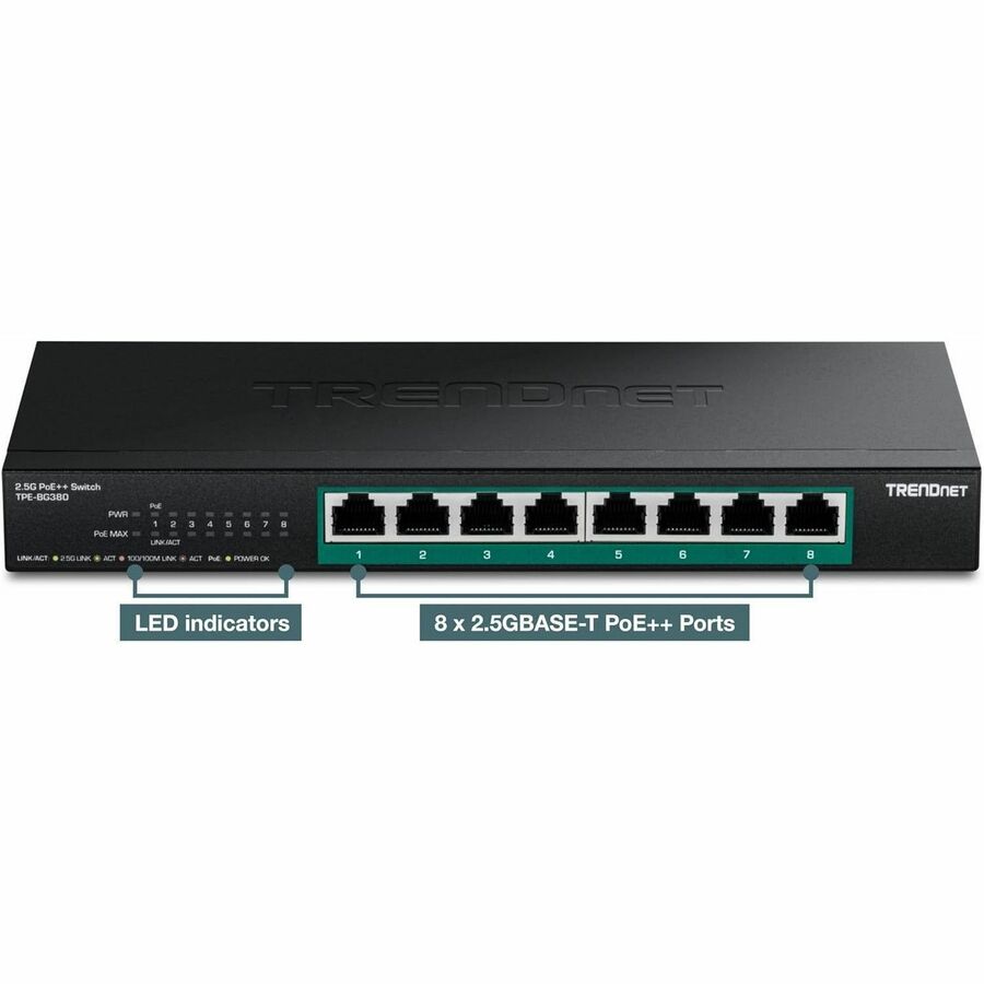 TRENDnet 8-Port 2.5G PoE++ Switch, TPE-BG380, 8 x 2.5GB PoE++ Ports, 230W Poe Power Budget, 40Gbps Switching Capacity, NDAA + TAA Compliant, Lifetime TRENDnet Protection TPE-BG380