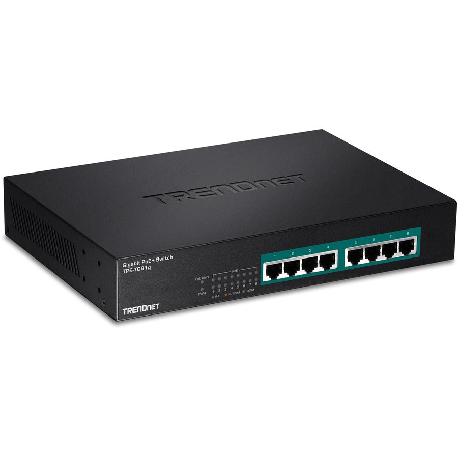 TRENDnet 8-Port Gigabit GREENnet PoE+ Switch, TPE-TG81g, 8 x Gigabit PoE+ Ports, Rack Mountable, Up to 30 W Per Port with 110 W Total Power Budget, Ethernet Network Switch, Metal, Lifetime Protection TPE-TG81g