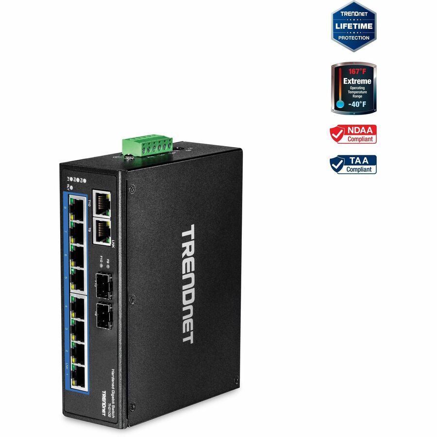 TRENDnet 10-Port Hardened Industrial Gigabit DIN-Rail Switch, 20Gbps Switching Capacity, DIN-Rail And Wall Mounts Included, Dual Redundant, Two RJ-45/SFP Ports, Lifetime Protection, Black, TI-G102 TI-G102