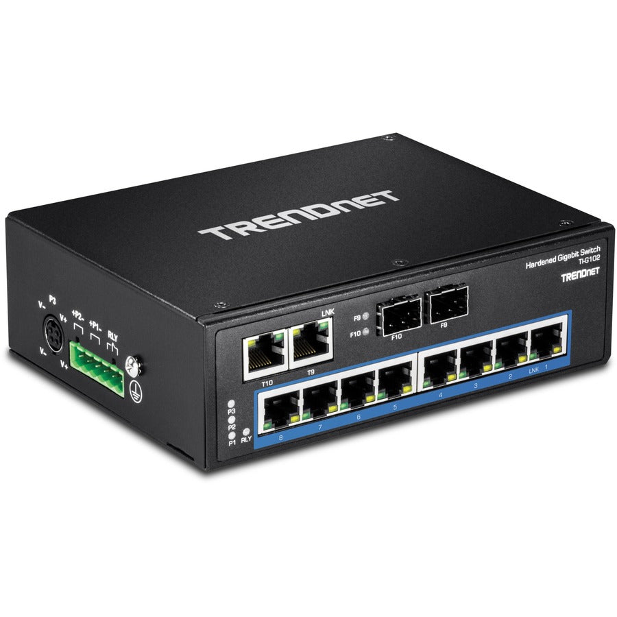 TRENDnet 10-Port Hardened Industrial Gigabit DIN-Rail Switch, 20Gbps Switching Capacity, DIN-Rail And Wall Mounts Included, Dual Redundant, Two RJ-45/SFP Ports, Lifetime Protection, Black, TI-G102 TI-G102