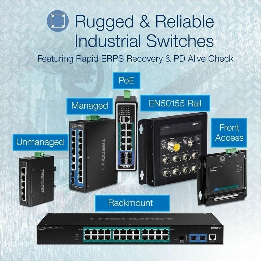 TRENDnet 10-Port Hardened Industrial Gigabit DIN-Rail Switch, 20Gbps Switching Capacity, DIN-Rail And Wall Mounts Included, Dual Redundant, Two RJ-45/SFP Ports, Lifetime Protection, Black, TI-G102 TI-G102