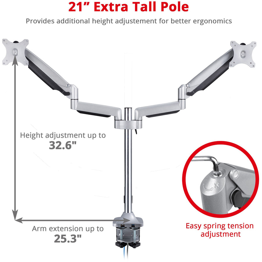 SIIG Dual Monitor Gas Spring Desk Mount with USB Port - 17" to 32" CE-MT2X11-S1