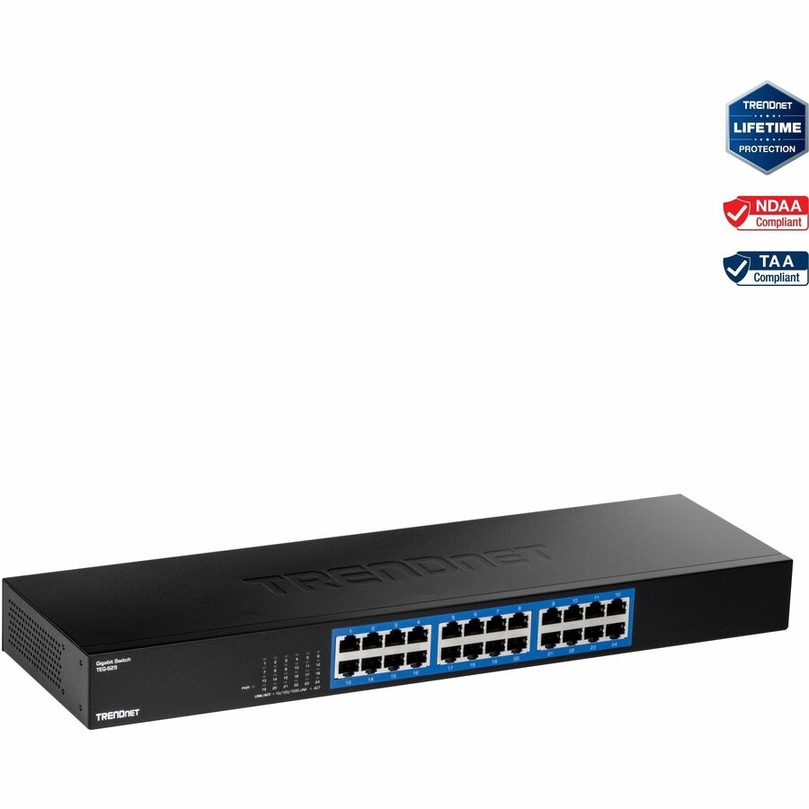 TRENDnet 24-Port Gigabit Switch, TEG-S25, 24 x Gigabit RJ-45 Ports, 48Gbps Switching Capacity, Fanless Design, Metal Enclosure, Internal Power Supply, Lifetime Protection, Black TEG-S25