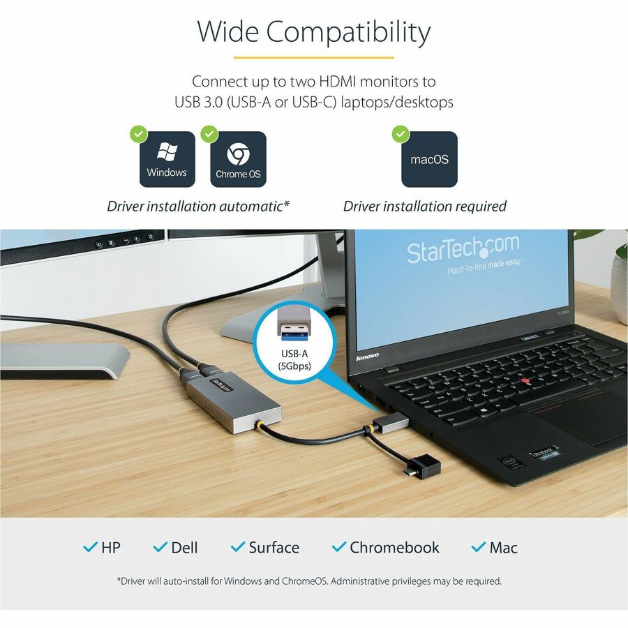 StarTech.com USB to Dual HDMI Adapter, USB A/C to 2x HDMI Displays (1x 4K30, 1x 1080p), USB 3.0 to HDMI Converter, 4in/11cm Cable, Win/Mac 107B-USB-HDMI